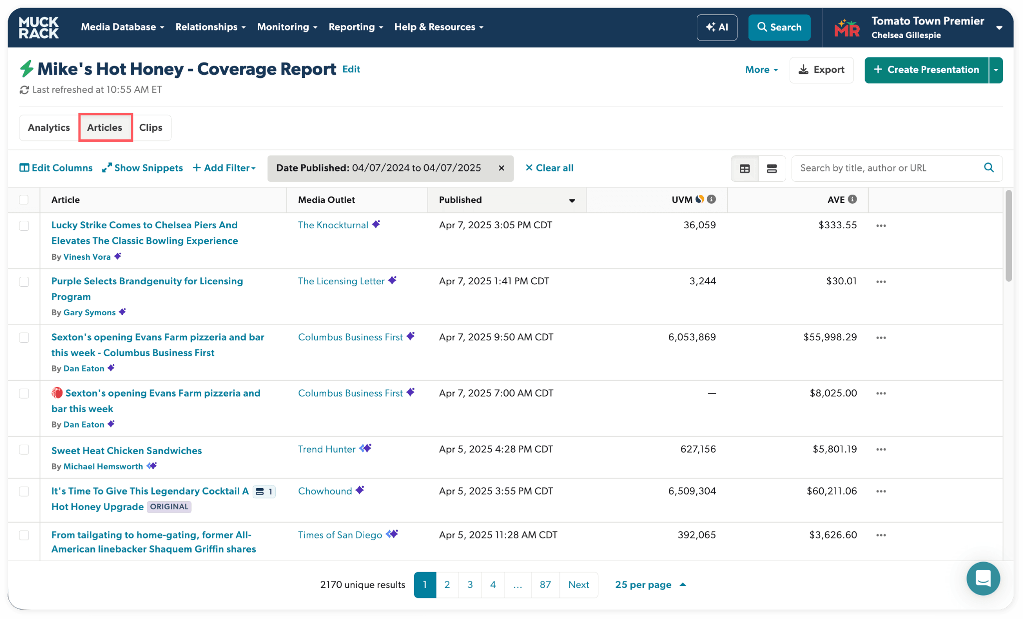 Example Muck Rack Coverage Report listing articles as rows in a table