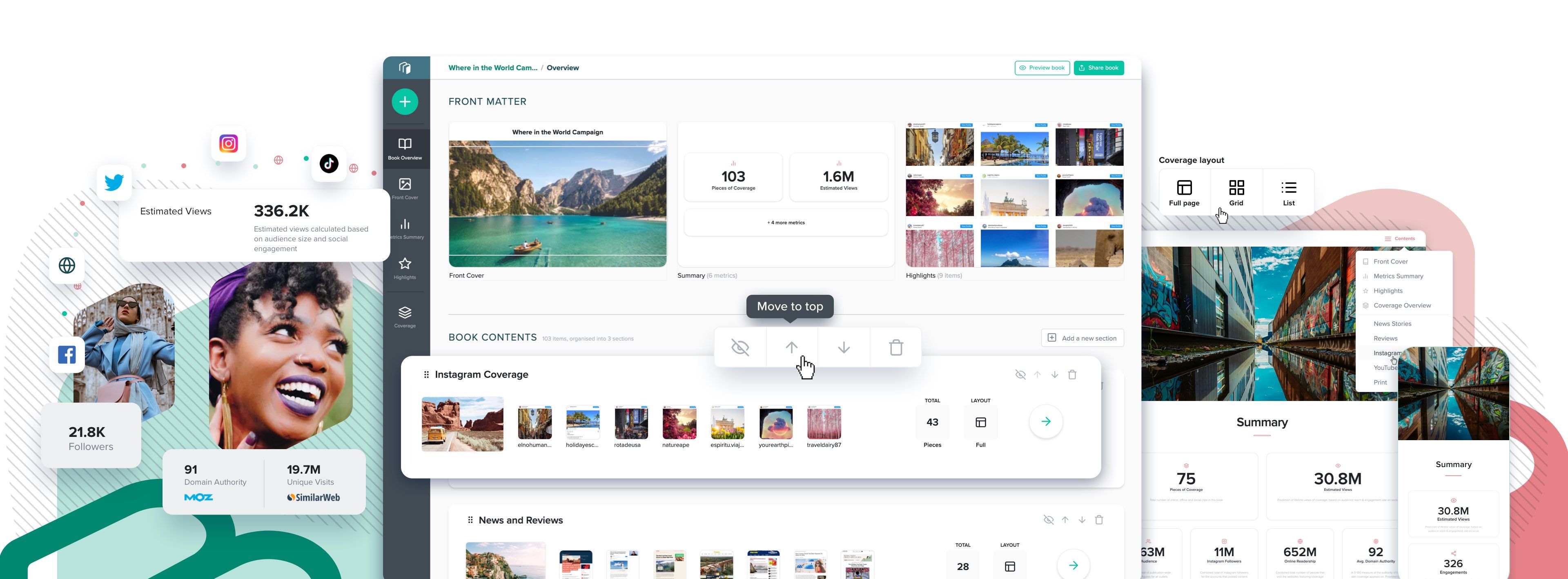 collage of reports overview and social date