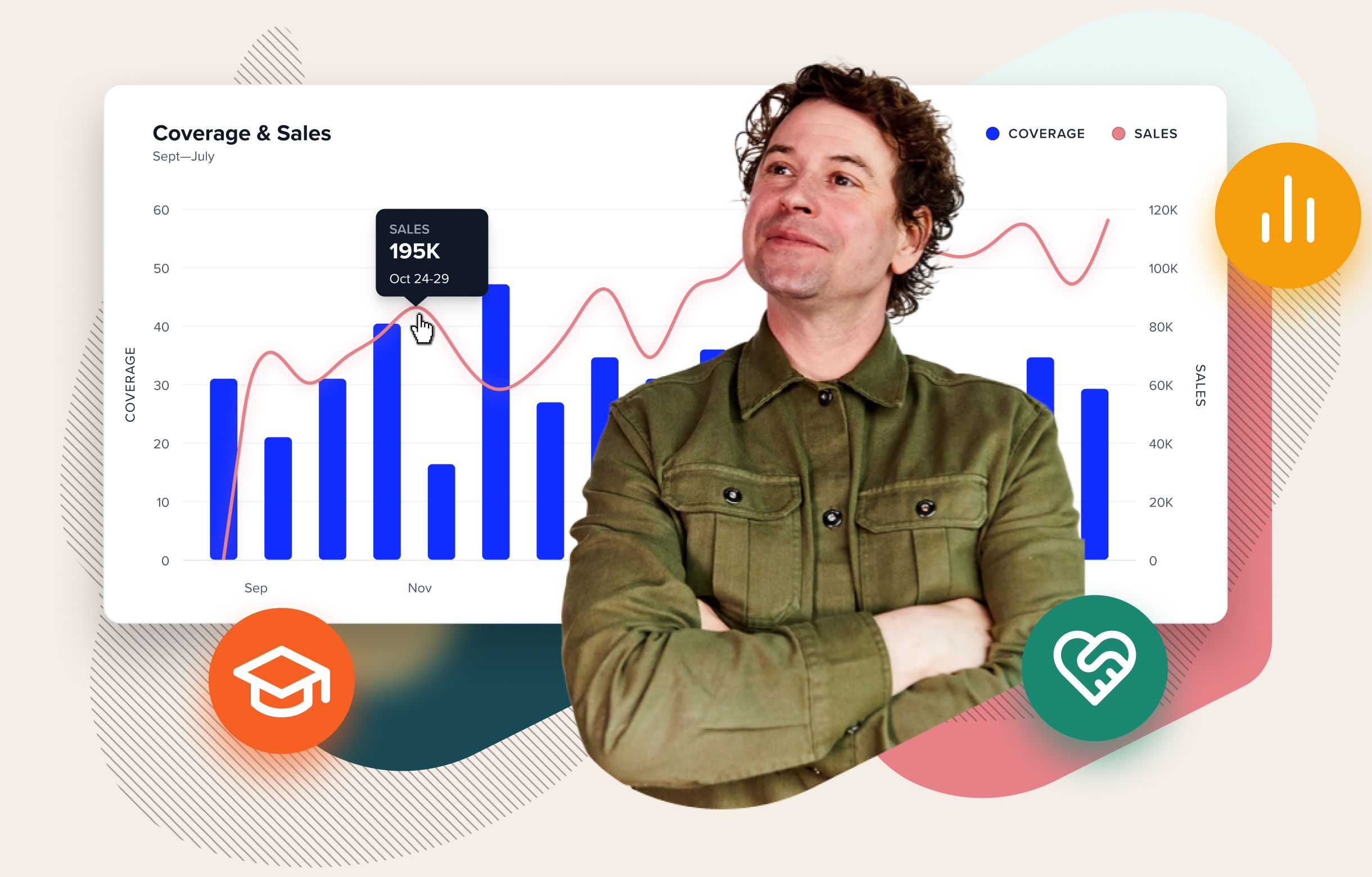 Proud PR pro in front of graph showing a comparison of coverage over time and sales